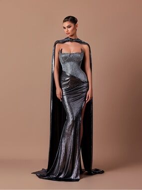 Metallic Silver Strapless Corset Evening Gown